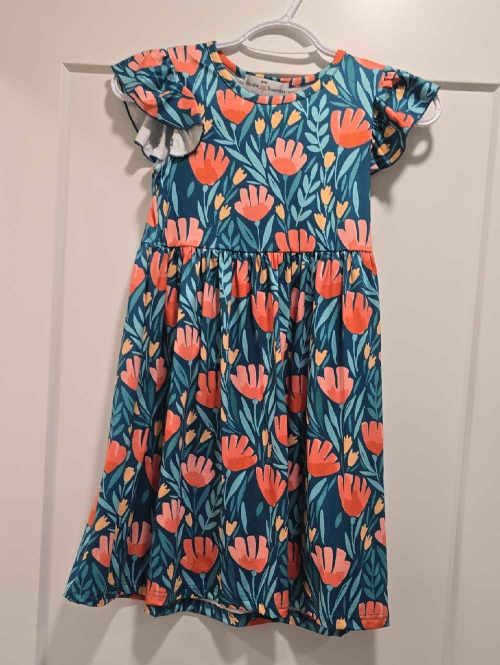 Girls' Teal Floral Flutter-Sleeve Casual Dress